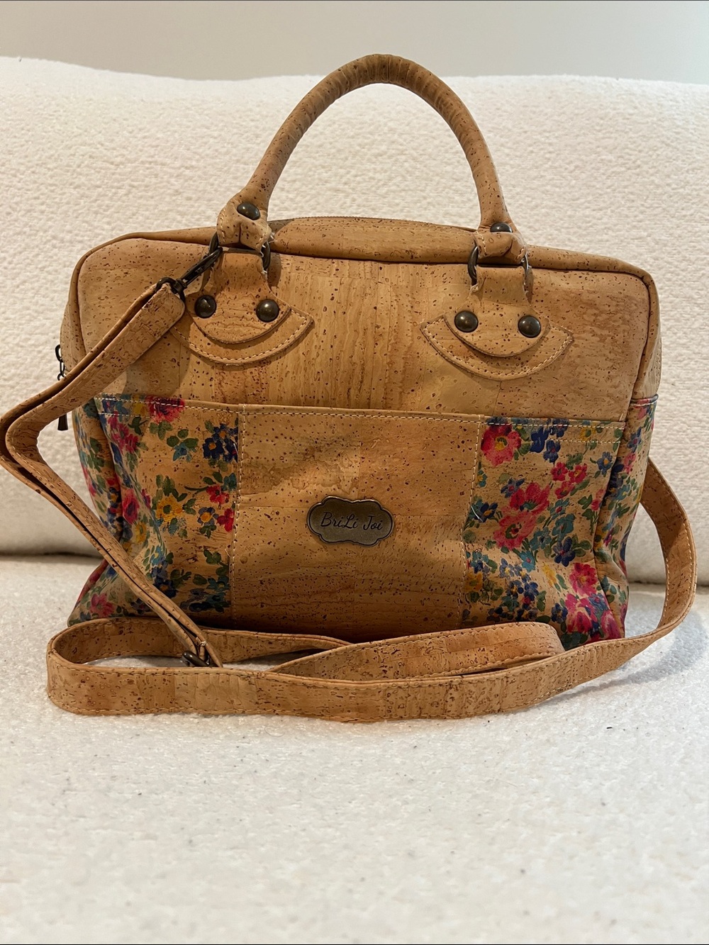 BriLi Joi Vegan Cork Handbag with Floral Accents & Detachable Strap